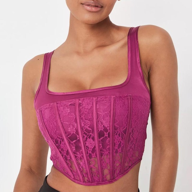 plum lace front panelled corset top