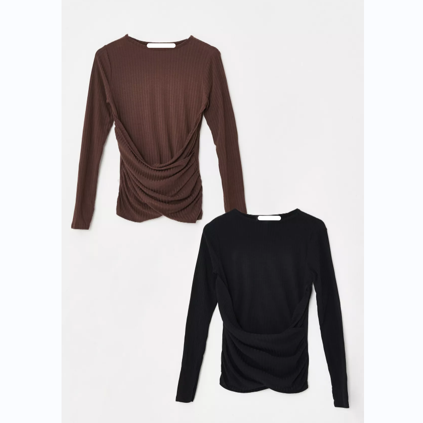Black and Brown Ruched Front Rib Top 2 Pack