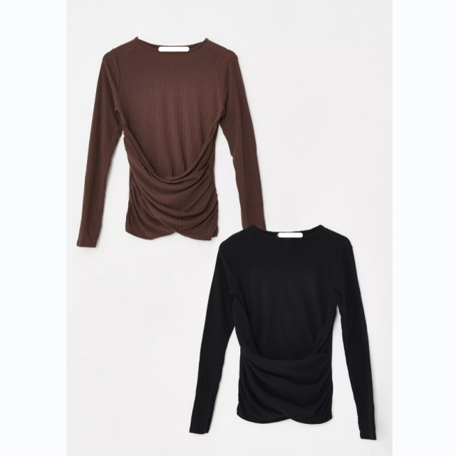 Black and Brown Ruched Front Rib Top 2 Pack