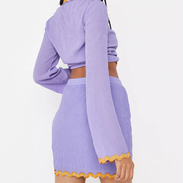 purple co ord crinkle contrast trim mini skirt