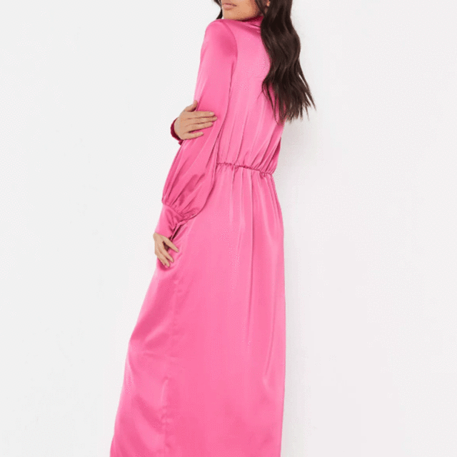 hot pink v front maxi satin shirt dress