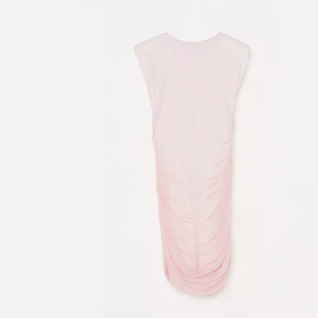 pink shoulder pad ruched mesh mini dress