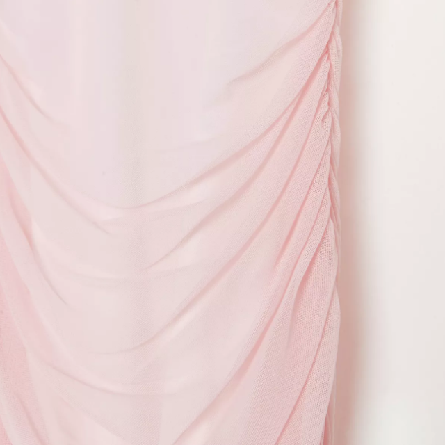 pink shoulder pad ruched mesh mini dress