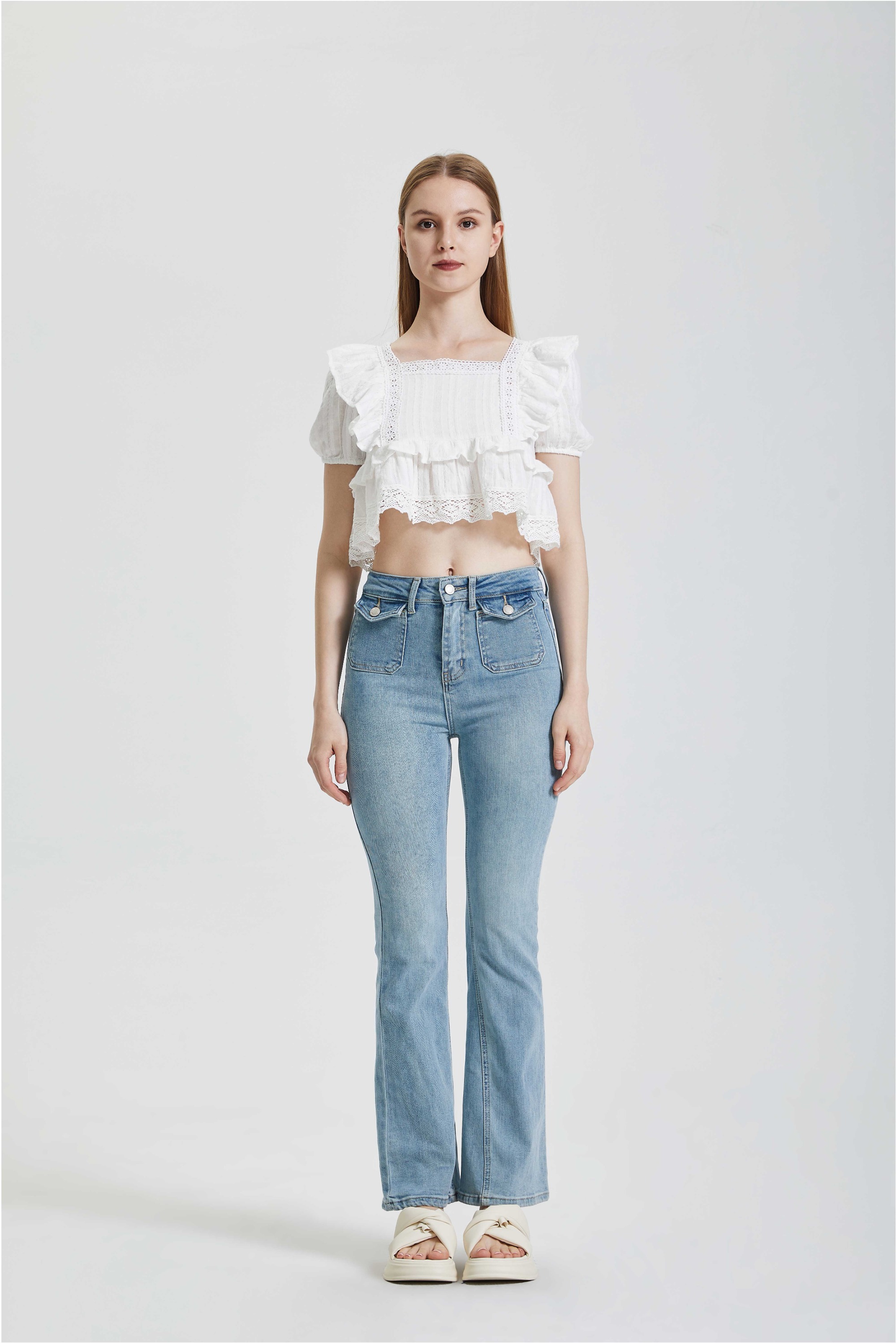 Lace and lace patchwork square neck shirt short top