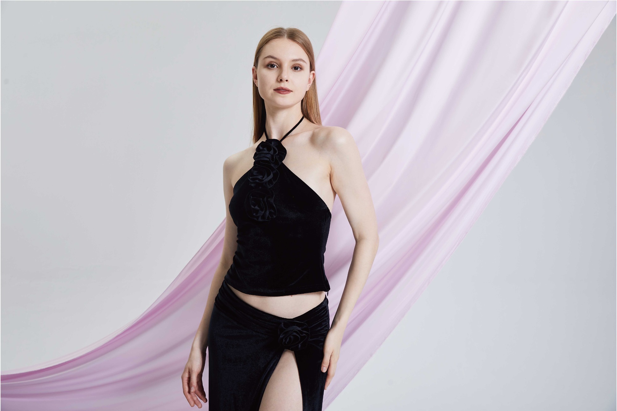 Hanging Neck Strap Top Split Half Waist A-line Skirt