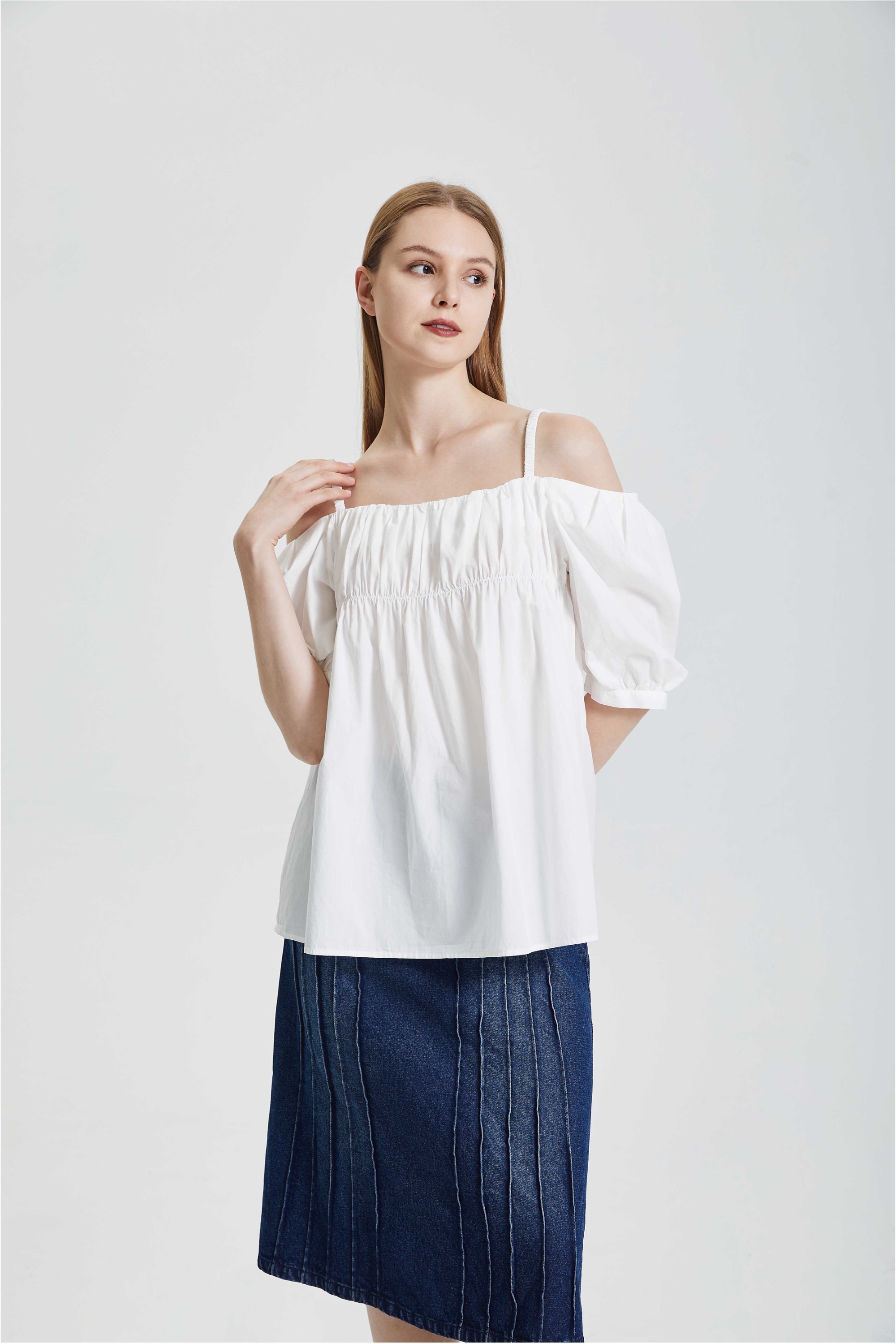 Vintage Gentle Style One Shoulder Design with Pleated Strap Small Shirt