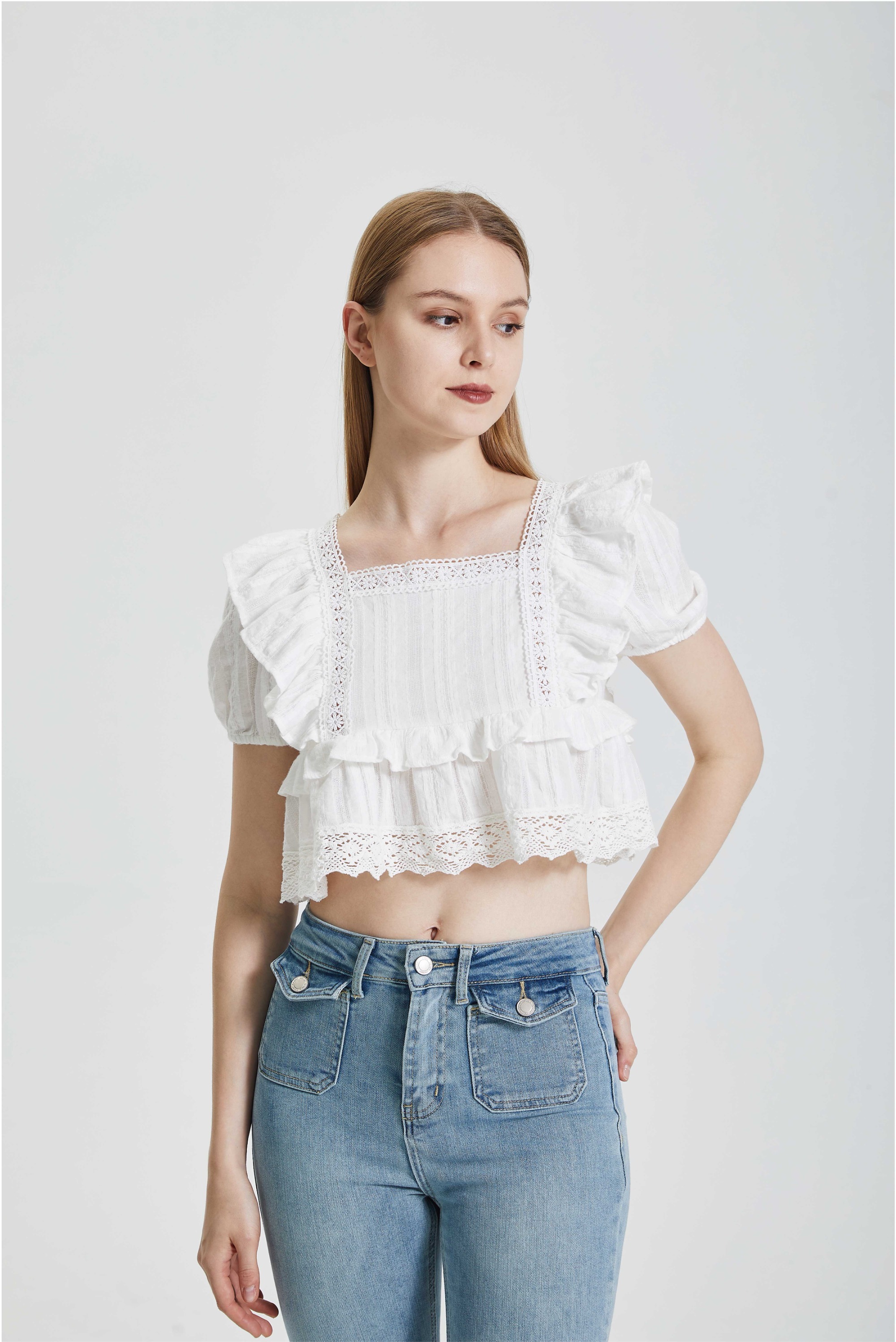 Lace and lace patchwork square neck shirt short top
