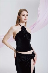 Hanging Neck Strap Top Split Half Waist A-line Skirt