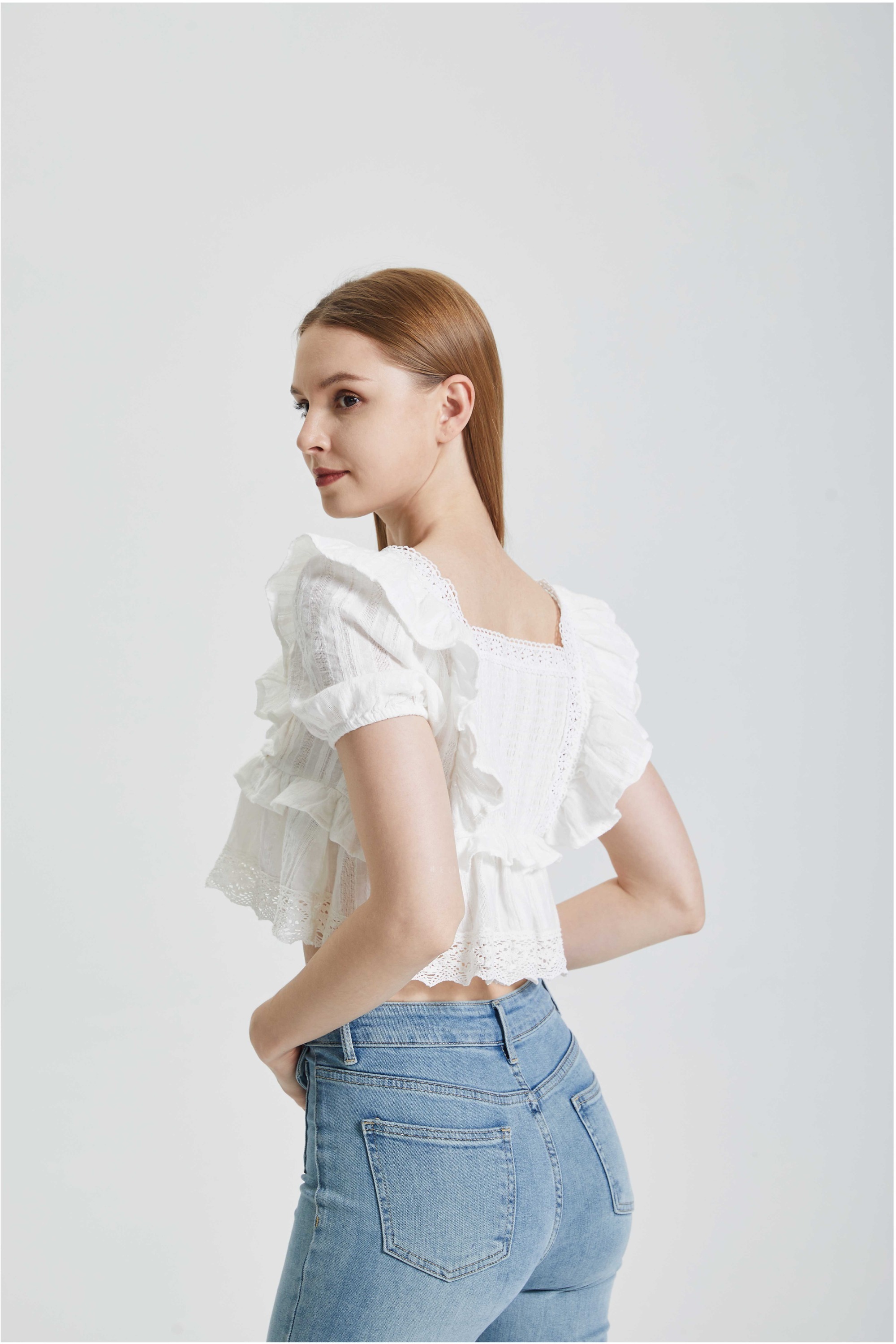 Lace and lace patchwork square neck shirt short top