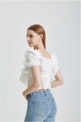Lace and lace patchwork square neck shirt short top