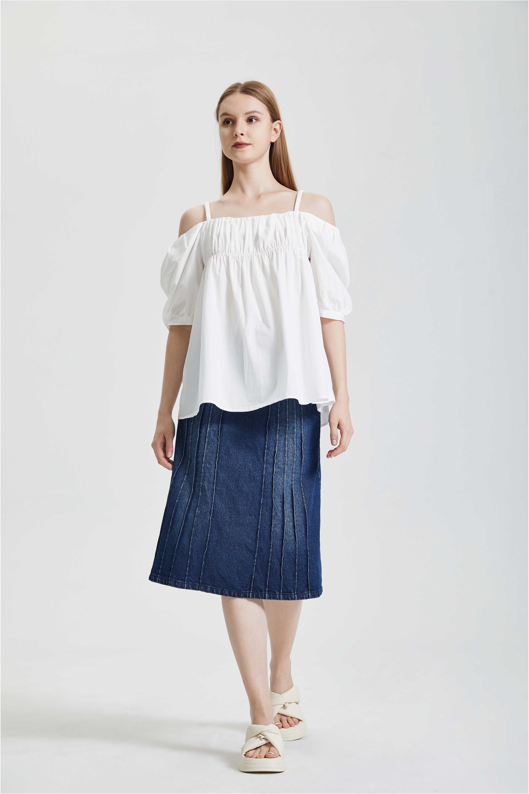 Vintage Gentle Style One Shoulder Design with Pleated Strap Small Shirt