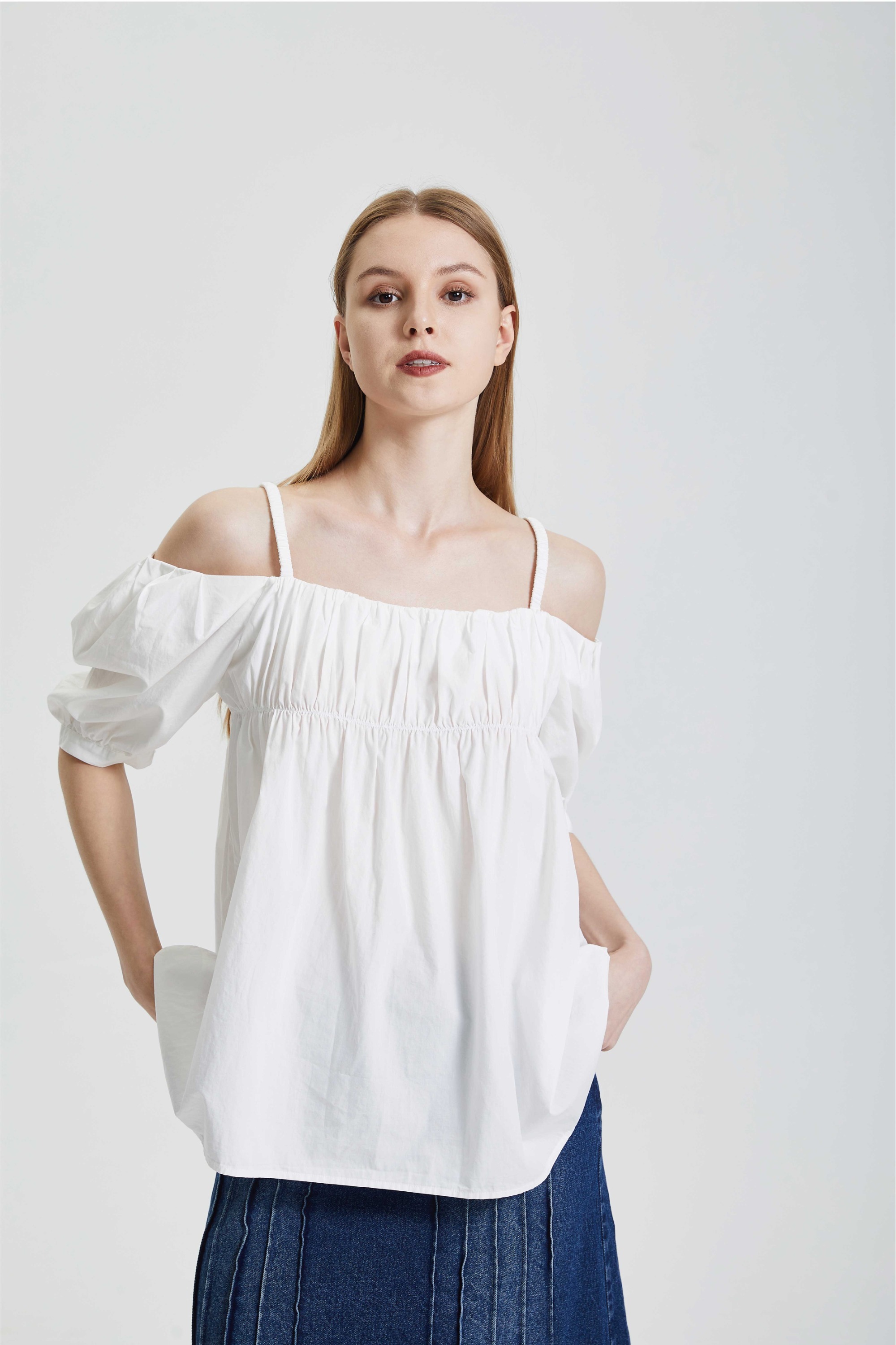 Vintage Gentle Style One Shoulder Design with Pleated Strap Small Shirt