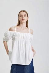 Vintage Gentle Style One Shoulder Design with Pleated Strap Small Shirt