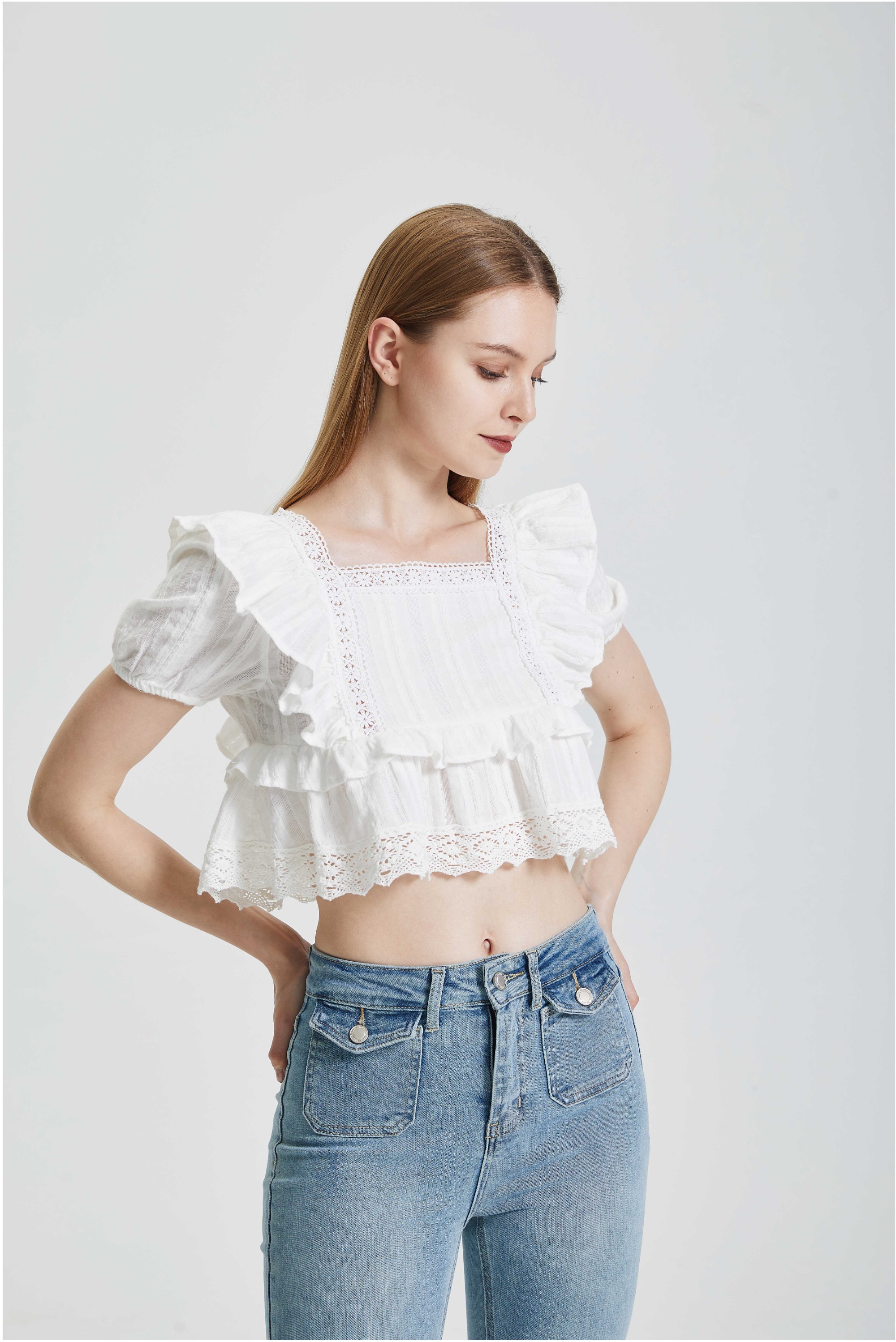 Lace and lace patchwork square neck shirt short top