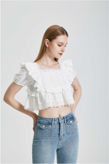 Lace and lace patchwork square neck shirt short top