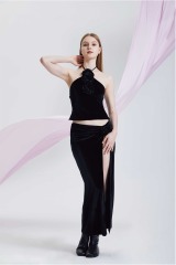 Hanging Neck Strap Top Split Half Waist A-line Skirt