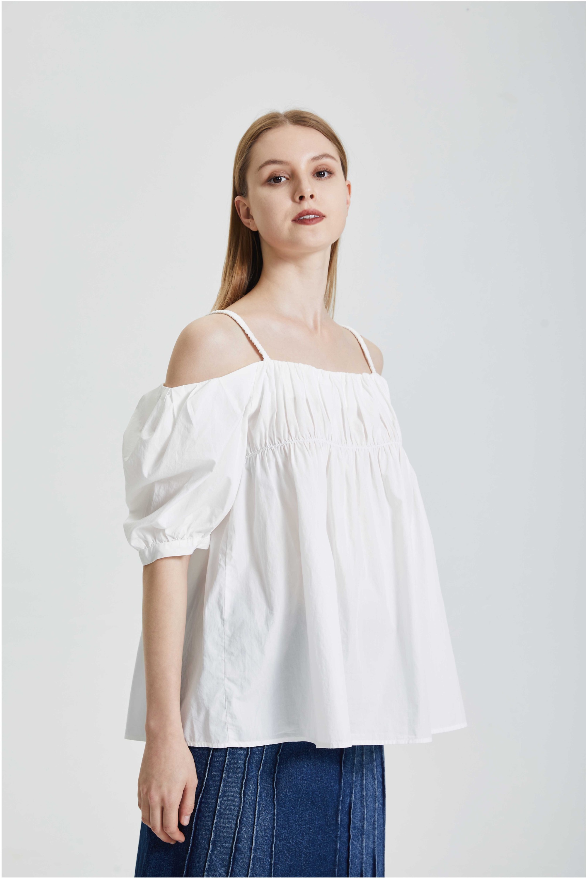 Vintage Gentle Style One Shoulder Design with Pleated Strap Small Shirt