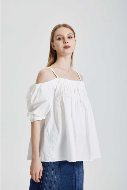 Vintage Gentle Style One Shoulder Design with Pleated Strap Small Shirt