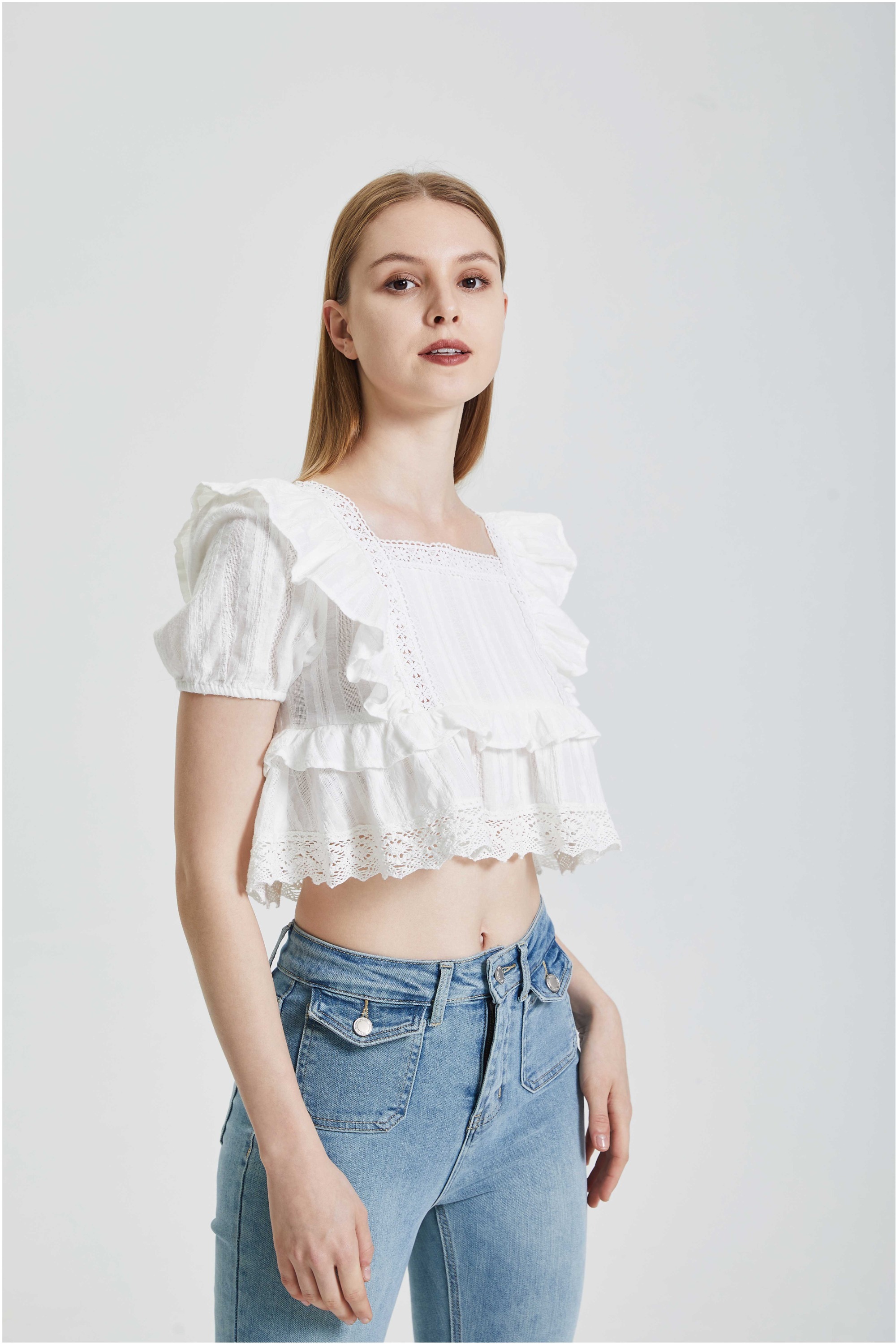 Lace and lace patchwork square neck shirt short top