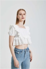 Lace and lace patchwork square neck shirt short top