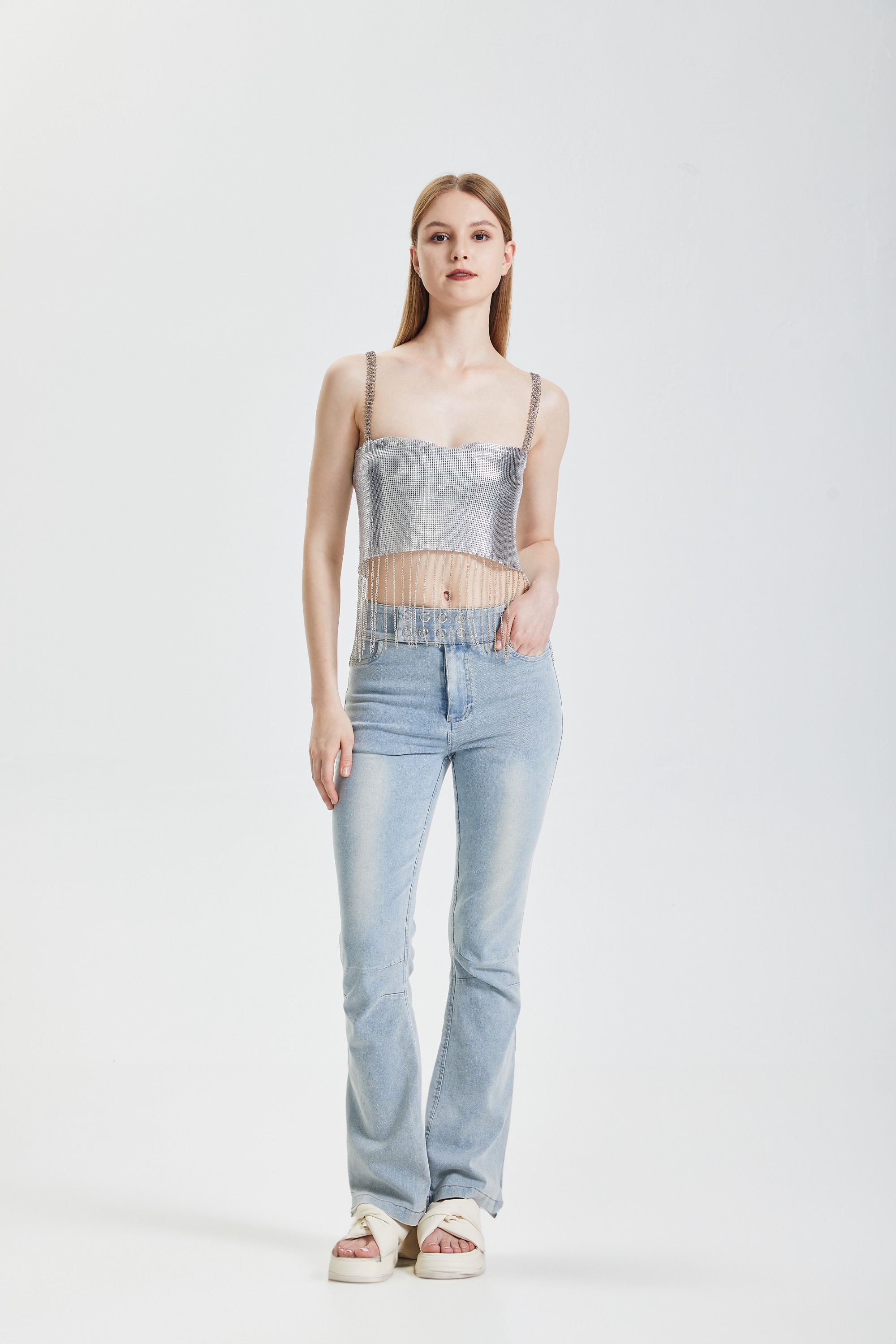 Silver sequin lace up top
