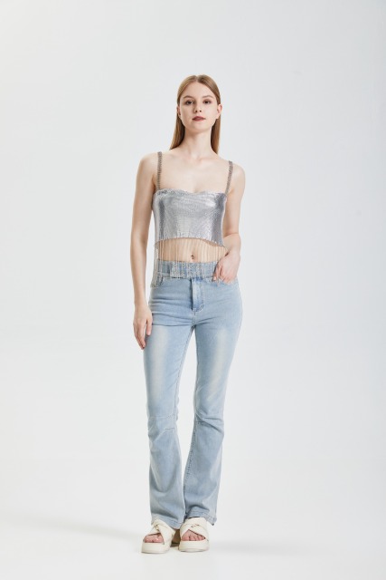 Silver sequin lace up top