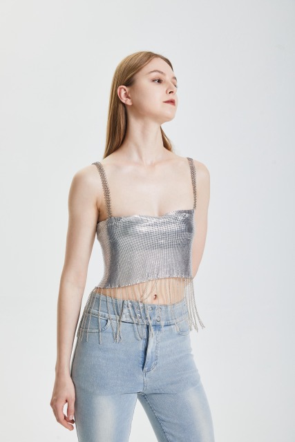 Silver sequin lace up top