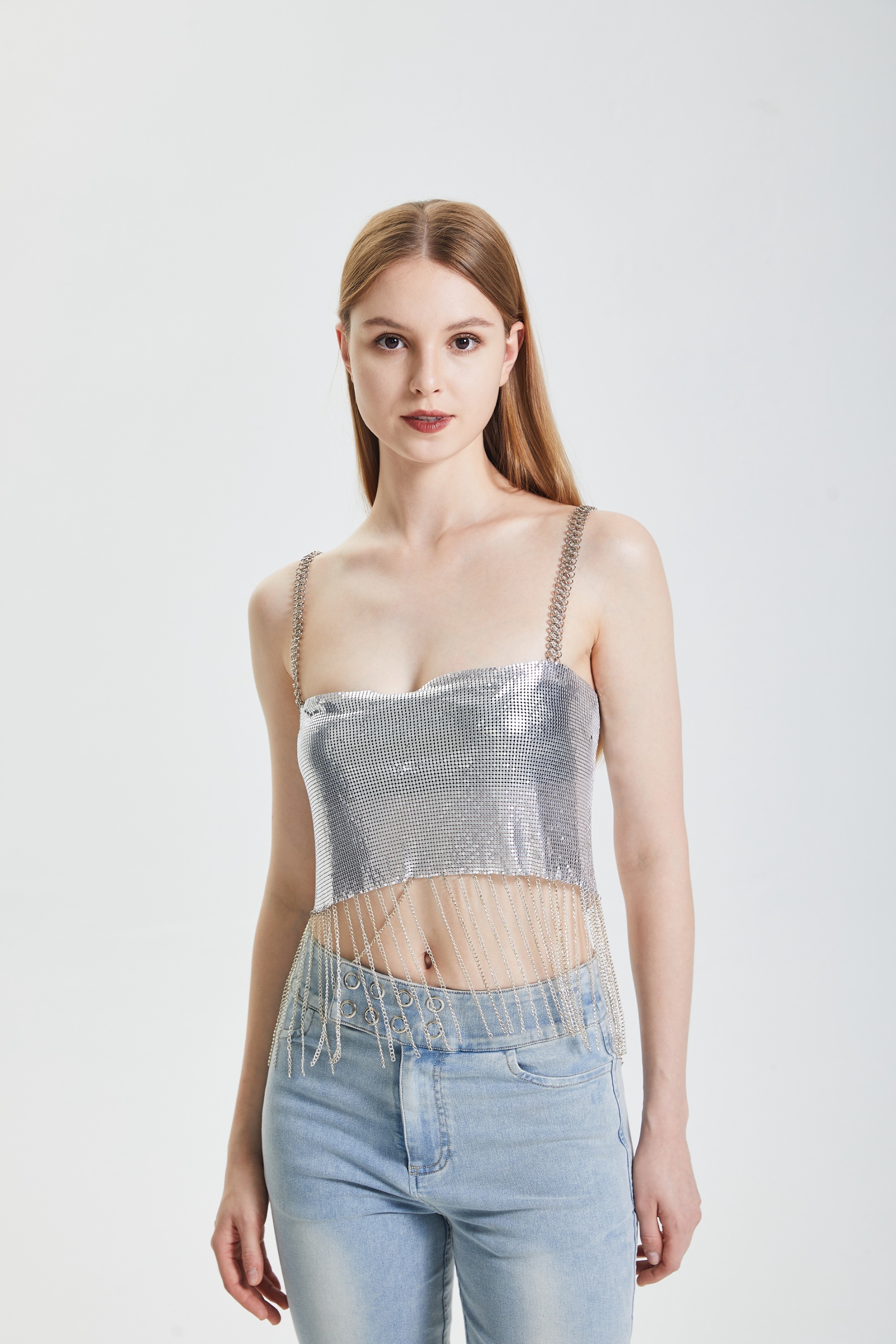 Silver sequin lace up top