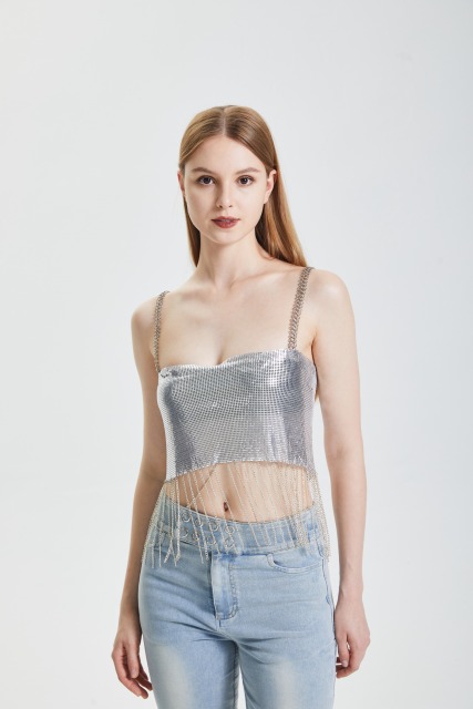 Silver sequin lace up top