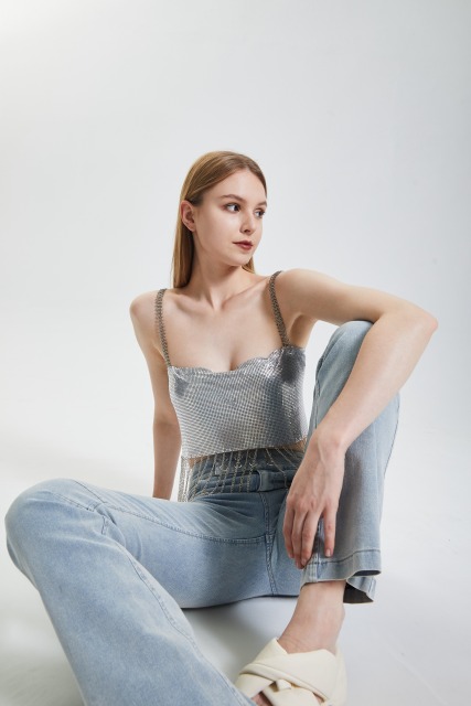 Silver sequin lace up top