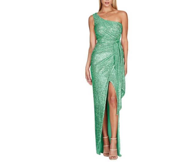 Diagonal Shoulder Sequin Slit Dress