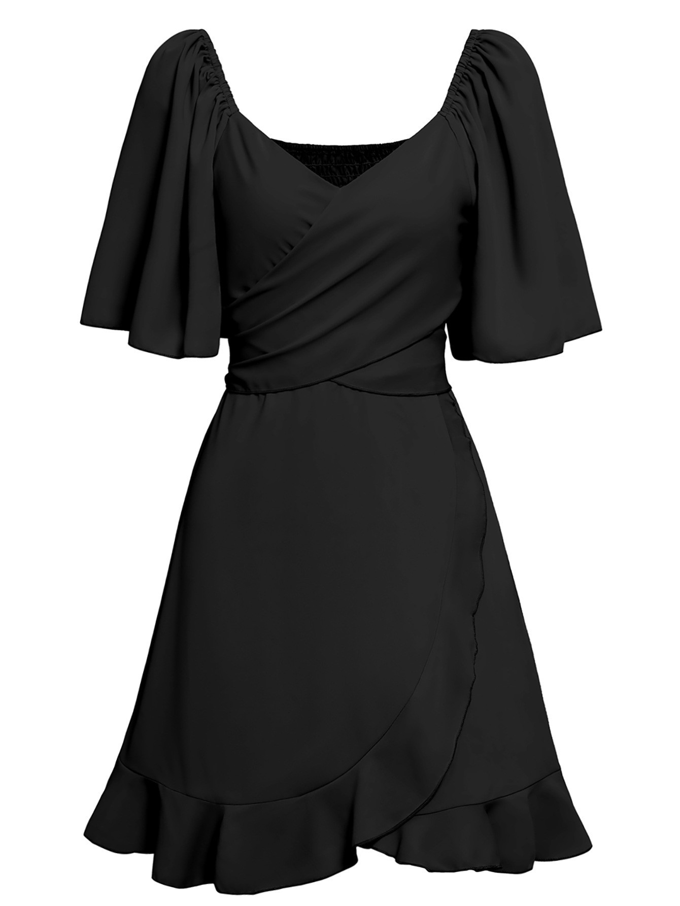 V-neck Solid Ruffle Dress