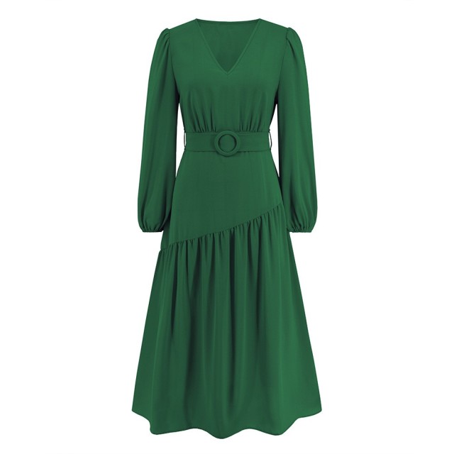 V-neck Solid Color Lace Up Dress