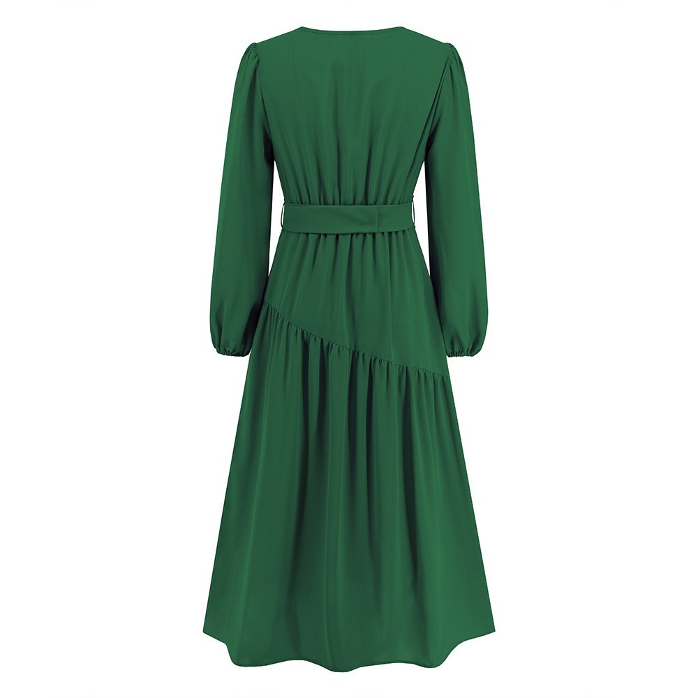 V-neck Solid Color Lace Up Dress