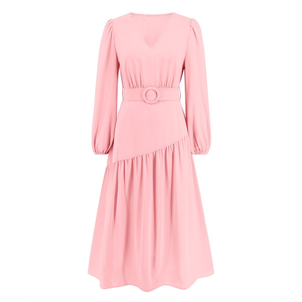 V-neck Solid Color Lace Up Dress