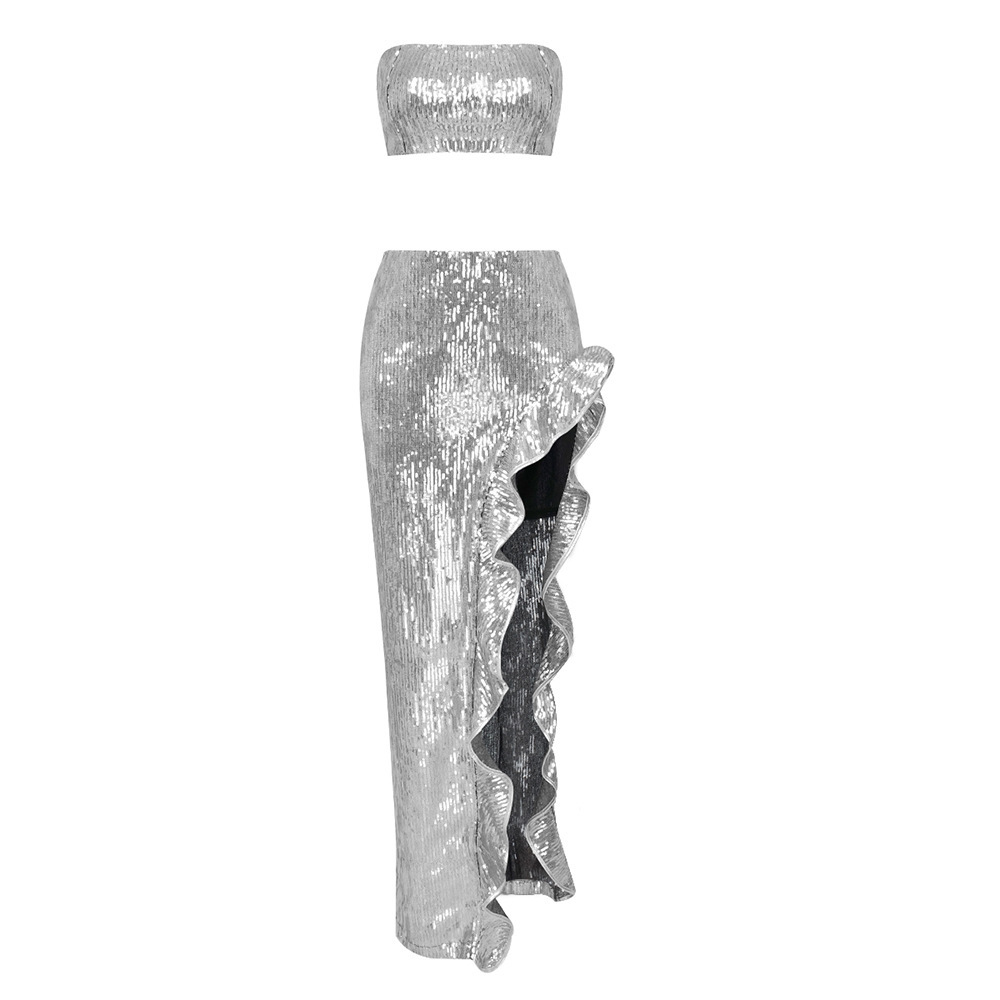 Beaded High Split Lace Skirt