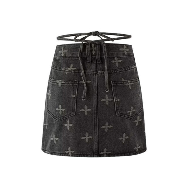 Printed Denim A-line Short Skirt