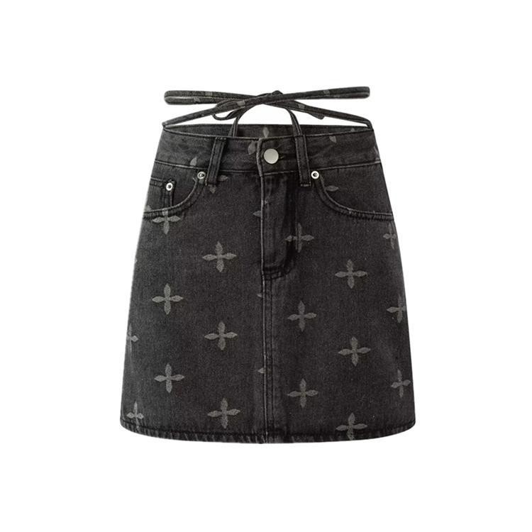 Printed Denim A-line Short Skirt