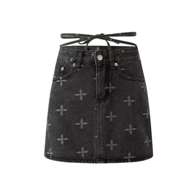 Printed Denim A-line Short Skirt
