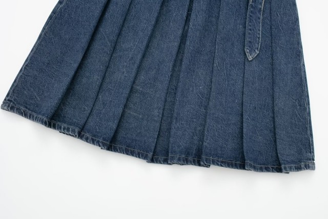 Wide Pleated Denim Skirt