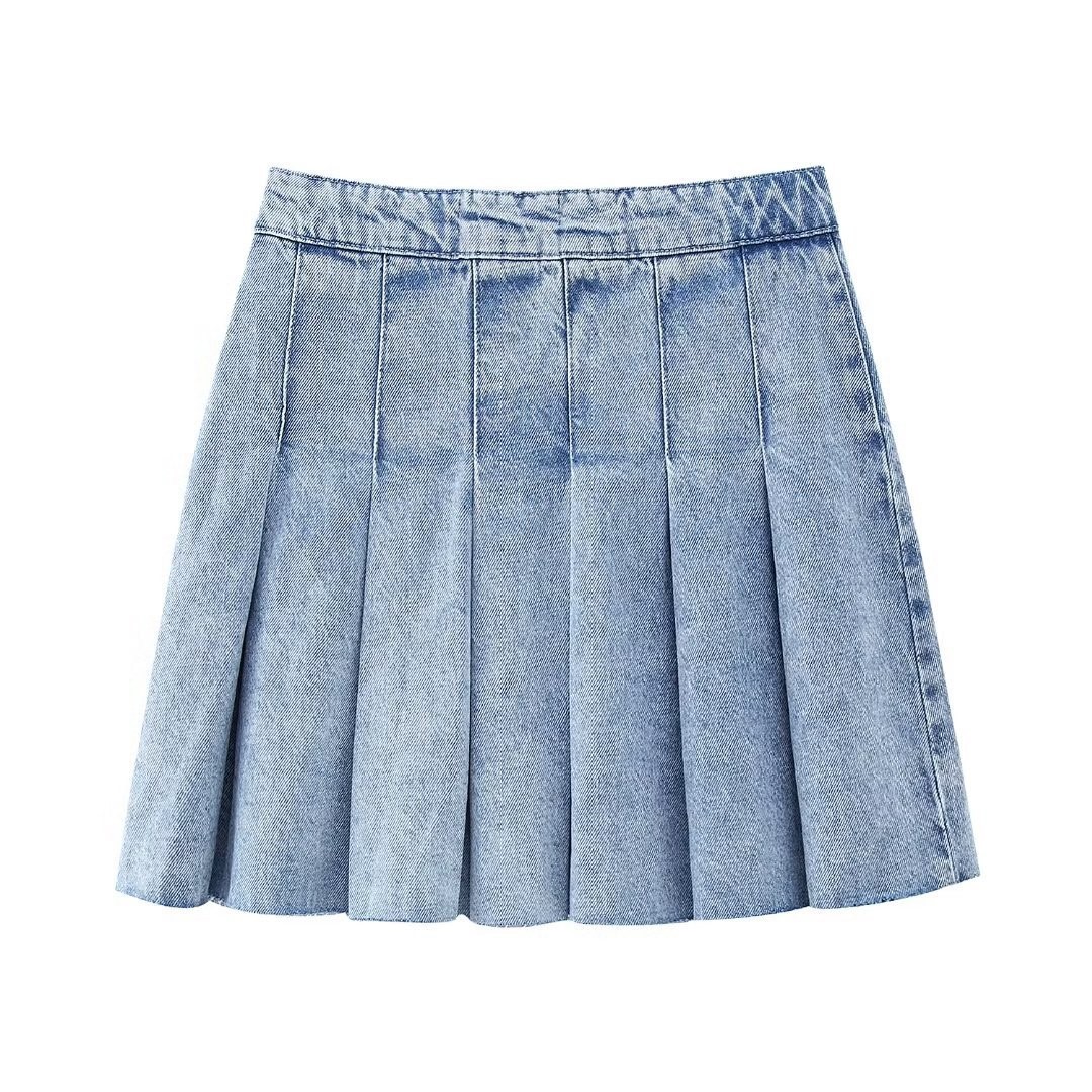 Wide Pleated Denim Skirt