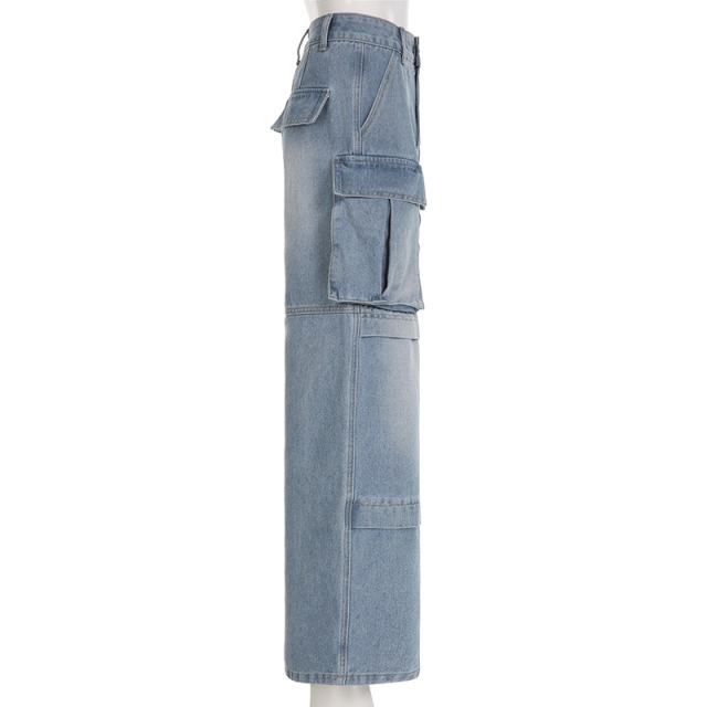 Cargo high-waisted straight-leg jeans