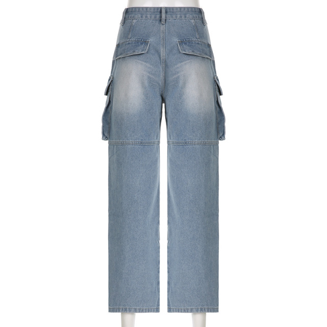 Cargo high-waisted straight-leg jeans