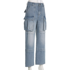 Cargo high-waisted straight-leg jeans
