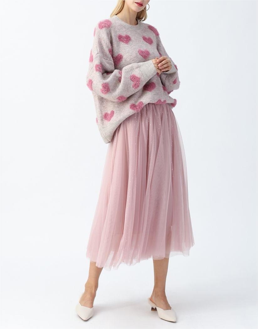 Cute plush heart knit sweater