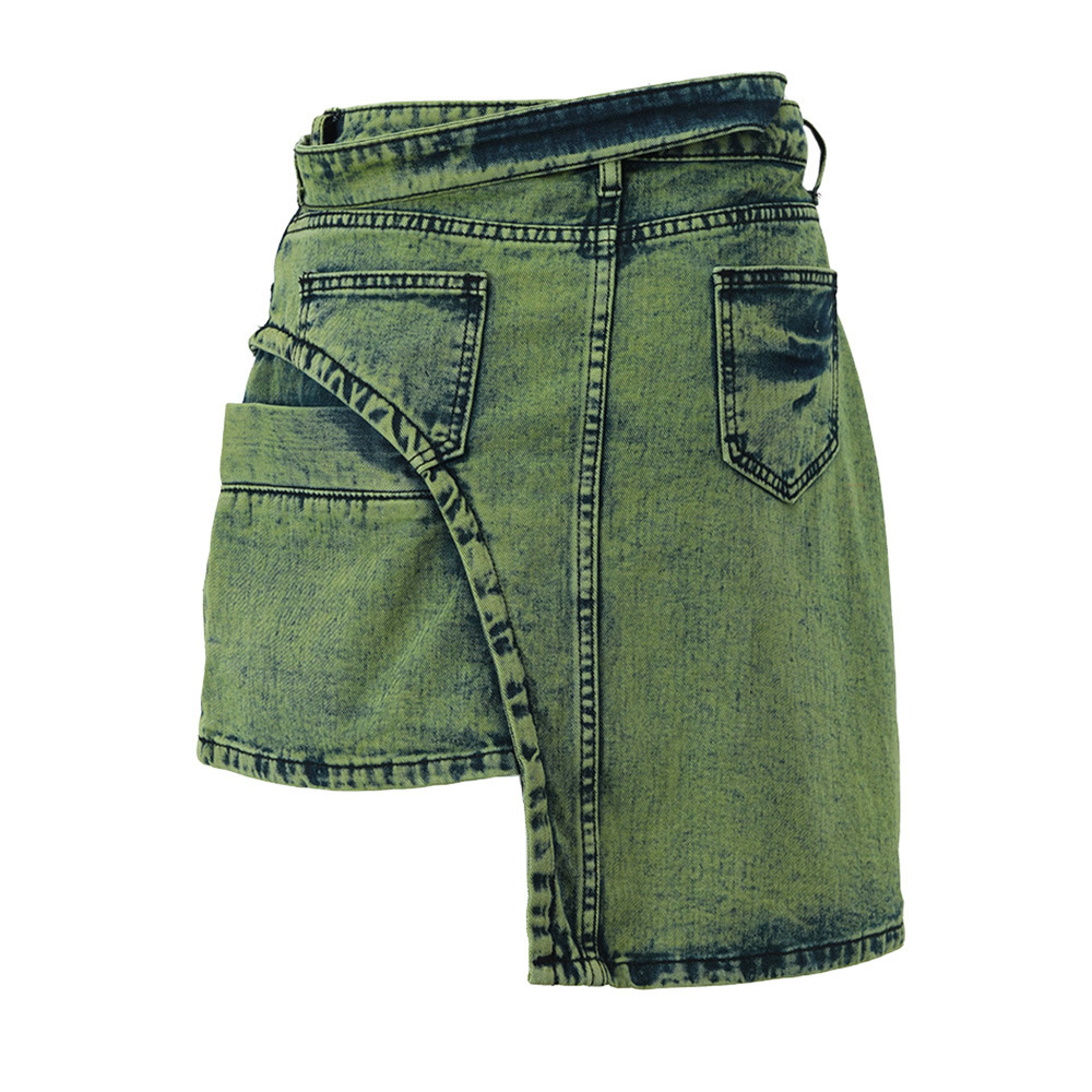 Washed green asymmetrical denim skirt