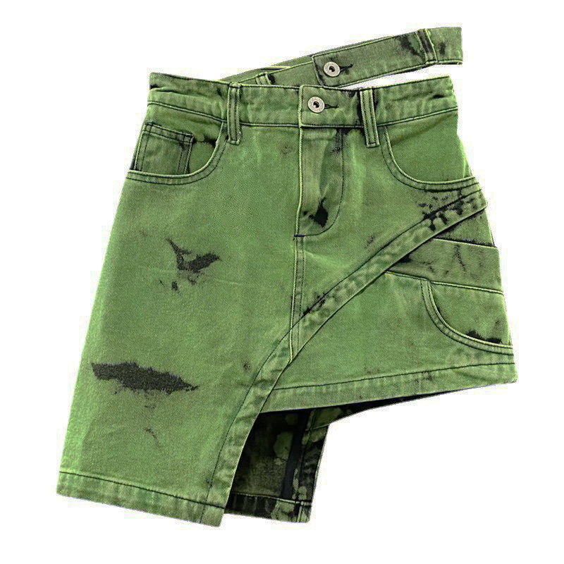 Washed green asymmetrical denim skirt