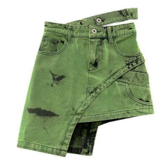 Washed green asymmetrical denim skirt