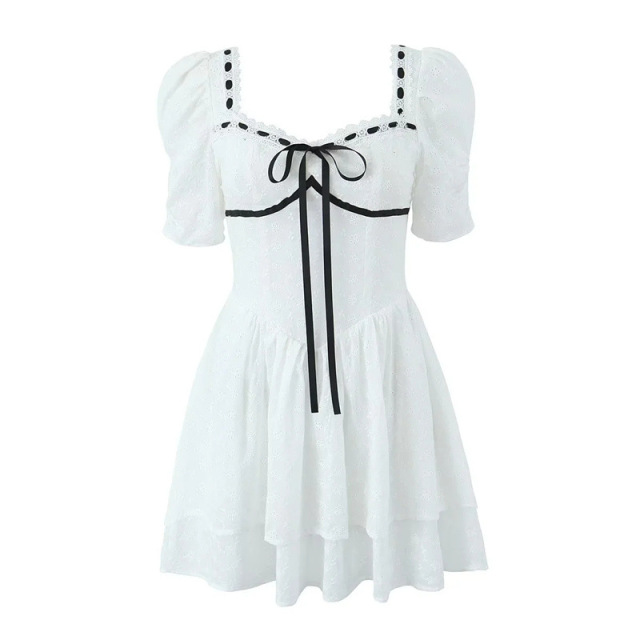 Vintage court dress with bow lace-up puffy sleeves