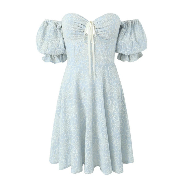 Embroidered floral dress with line neck puffed sleeves